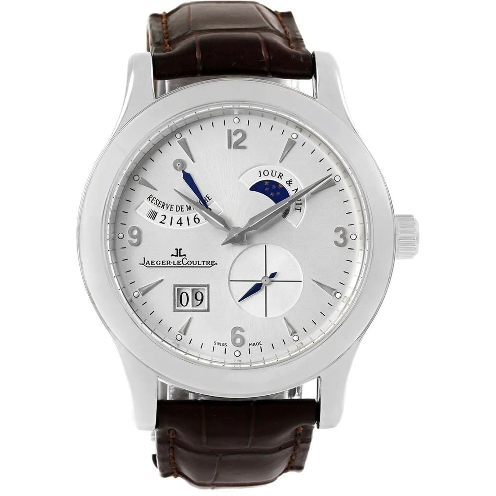 Jaeger-LeCoultre Master Eight Day 41.5mm in Steel on Black Leather Strap with Silver Dial 146.8.17.S