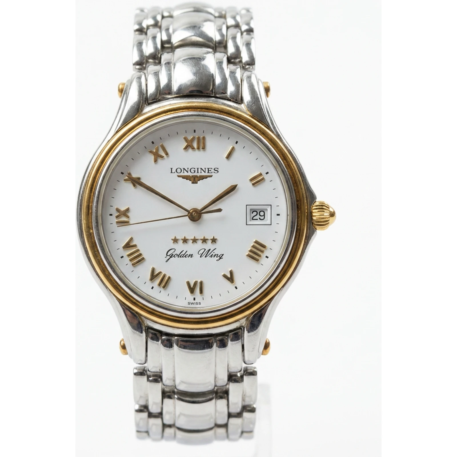 Longines Men's Golden Wing Date L3.606.5 Two Tone 34 Mm White Roman Quartz Wrist Watch