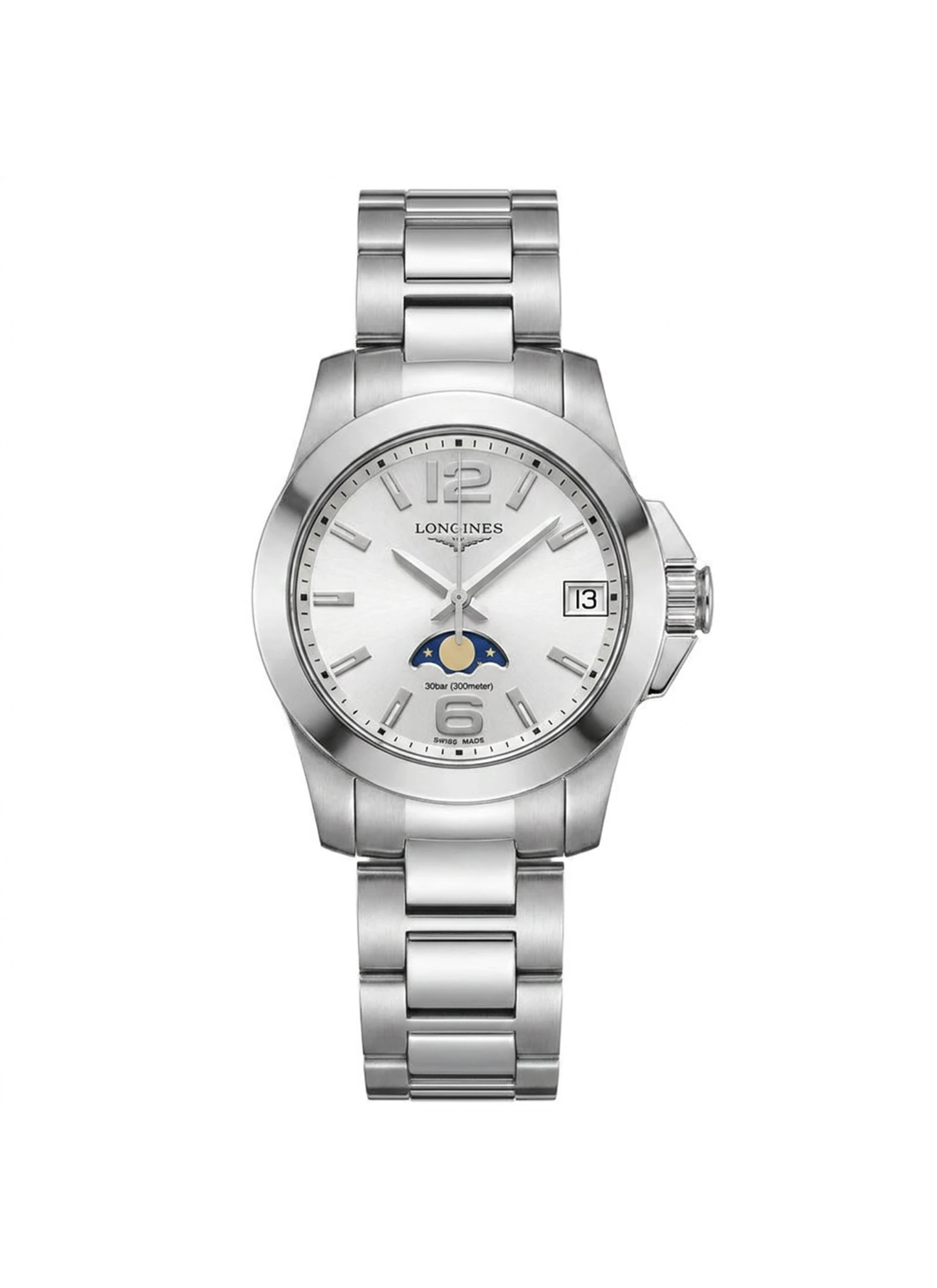 Longines Conquest 29.5 Quartz Moonphase Stainless Steel Silver Bracelet L3.380.4.76.6