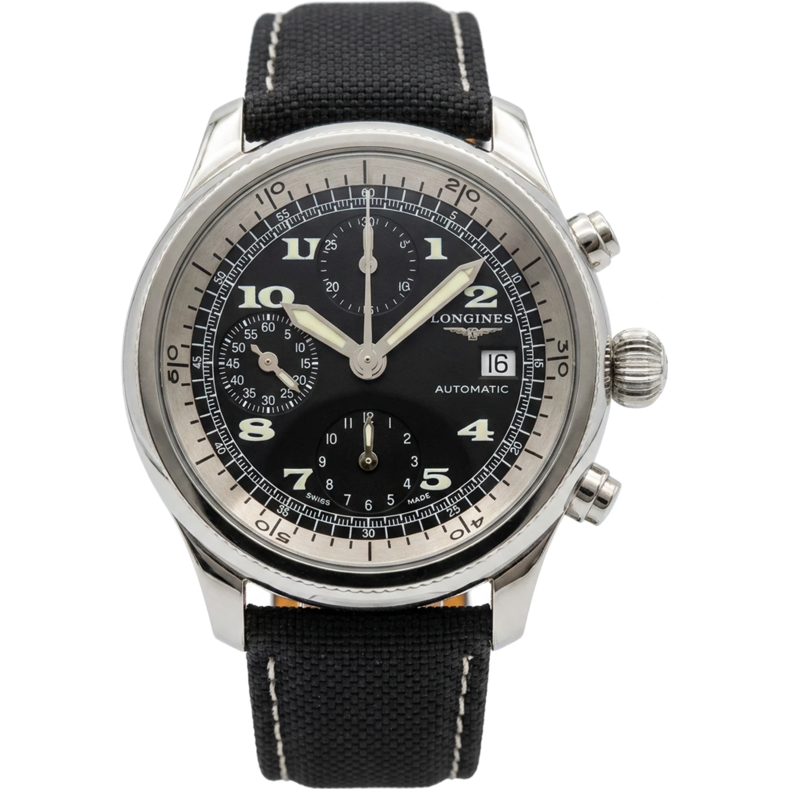 Weems Chronograph 41mm Automatic open caseback Longines strap and clasp Day+Date L2.625.4