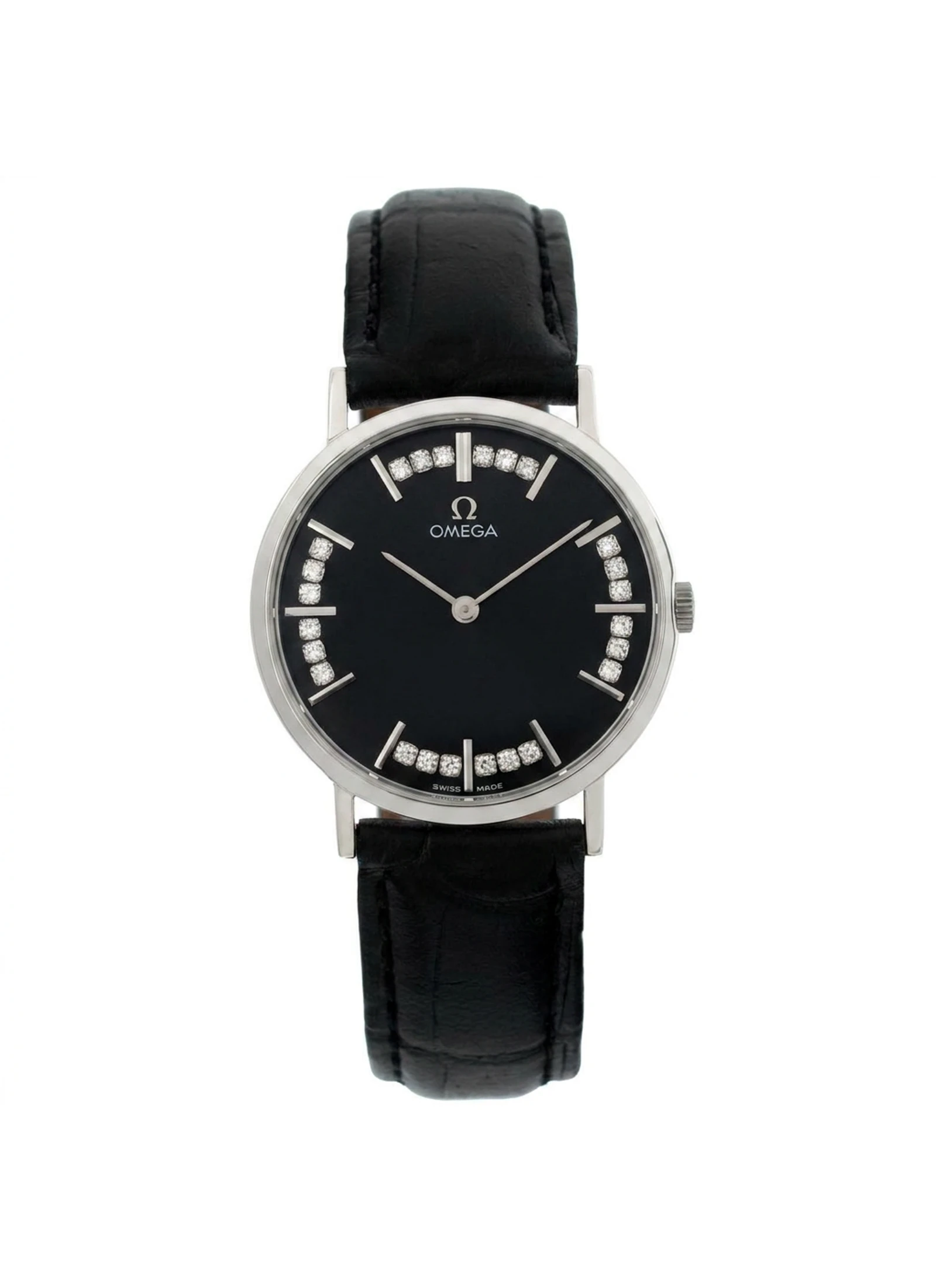 Omega Ultra Thin 14K(585)Solid White Gold Black Dial with Genuine Diamonds Original SW D 6672
