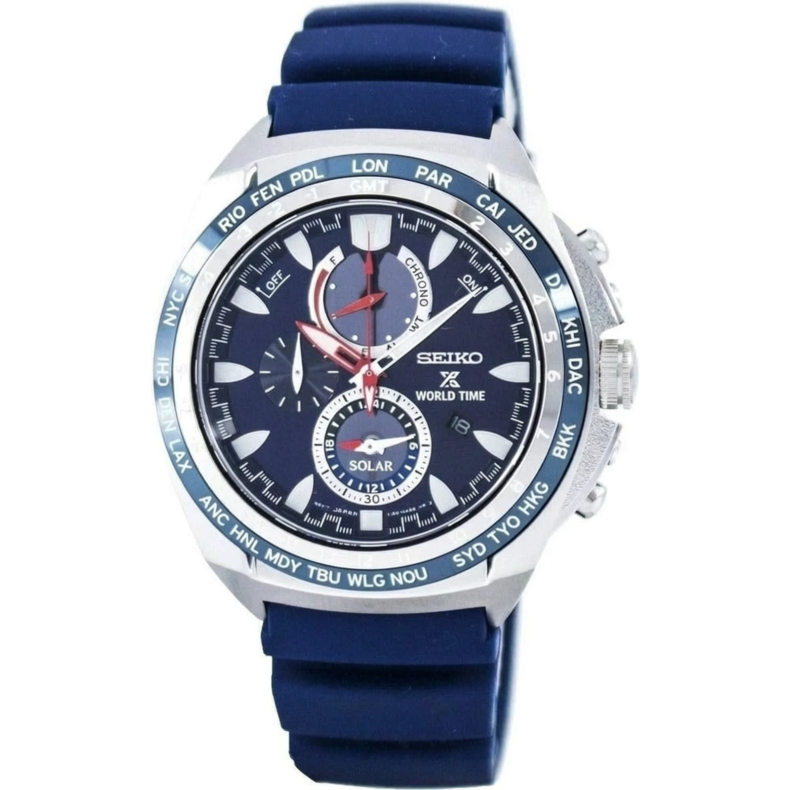 Seiko SSC489 World Timer Chronograph Steel 44.5 mm Blue Rubber Solar SSC489P1