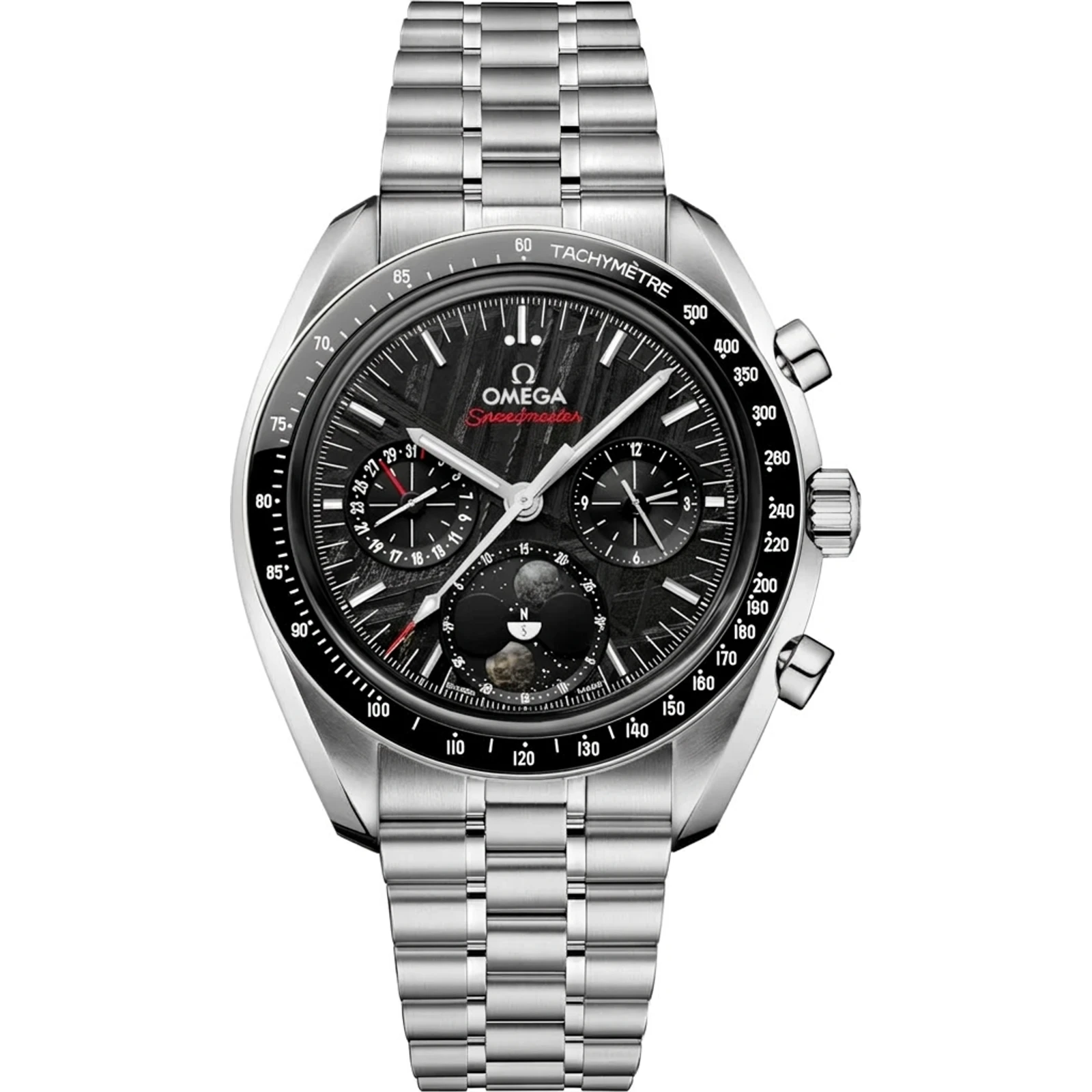 Omega Speedmaster Moonphase Meteorite 43 mm Steel on Steel — Black 304.30.43.52.01.001