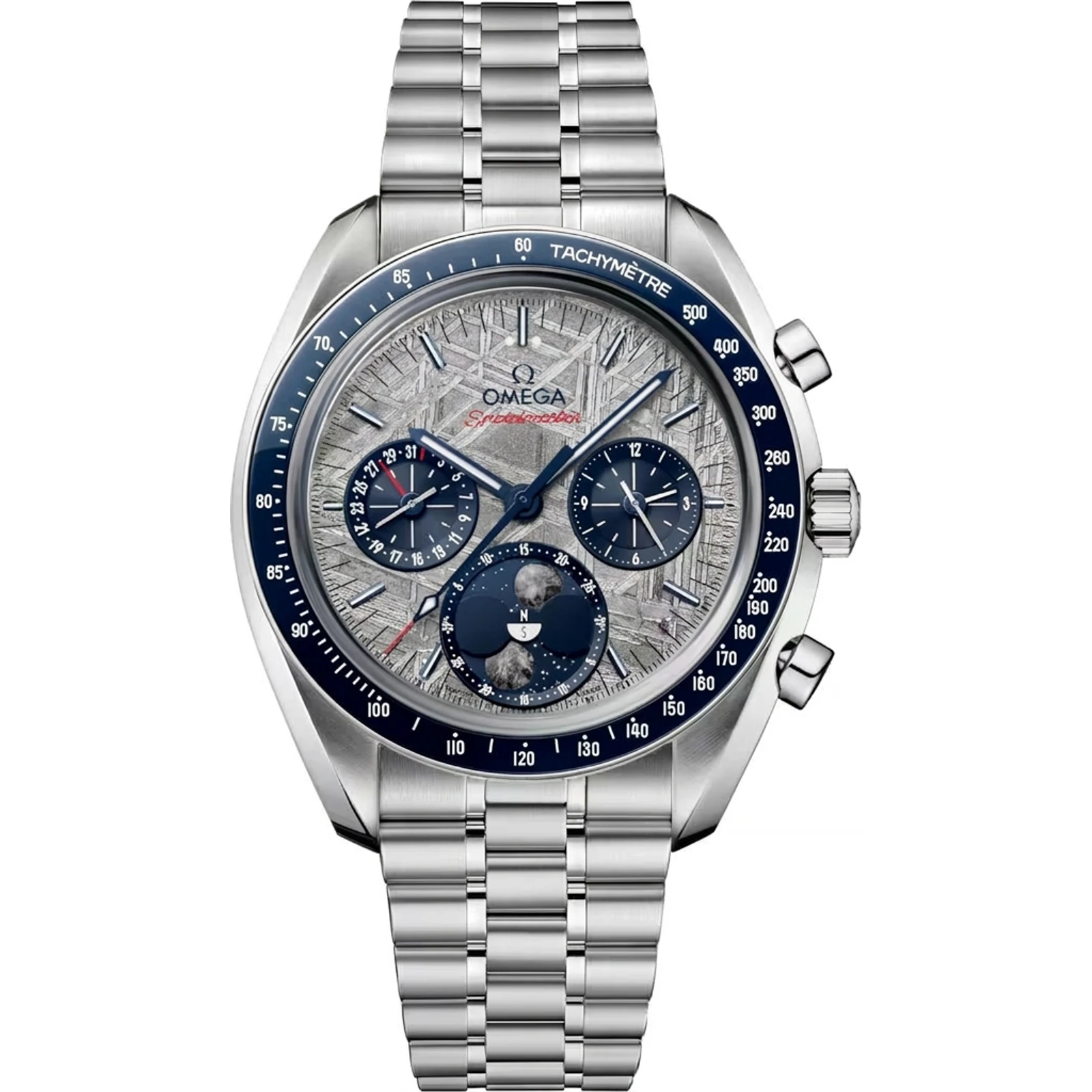 Omega Speedmaster Moonphase Meteorite 43 mm Steel on Steel — Grey and Blue 304.30.43.52.06.001
