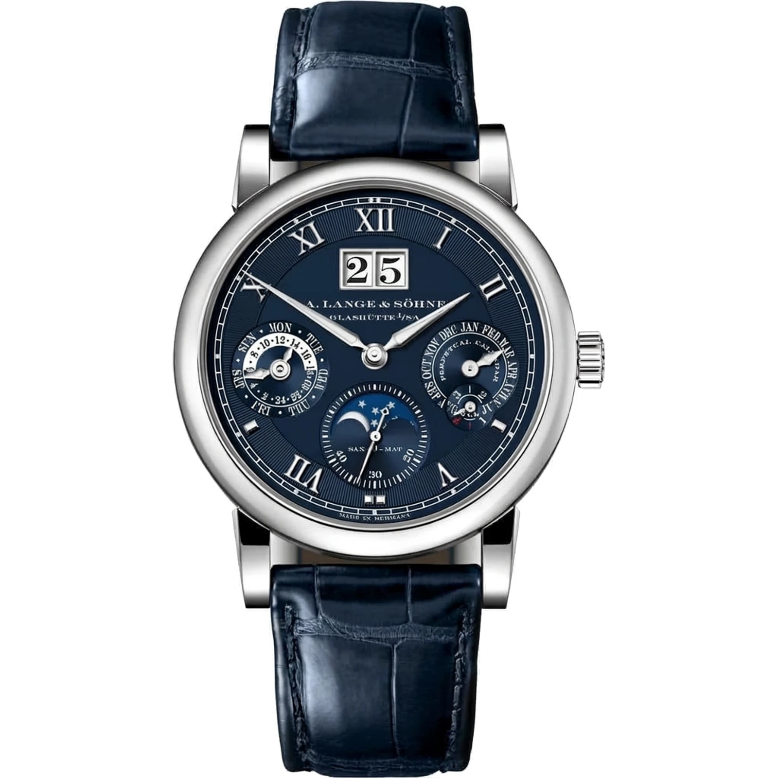 A. Lange Sohne Langematik Perpetual 20th Anniversary, white gold, blue dial 310.028