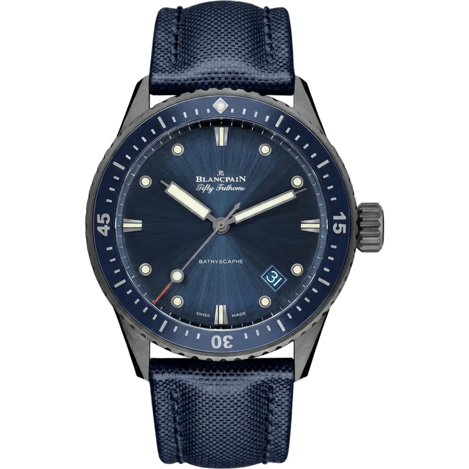 Blancpain Bathyscaphe (grey ceramic, blue dial, sail-canvas strap) 5000 0240 O52A