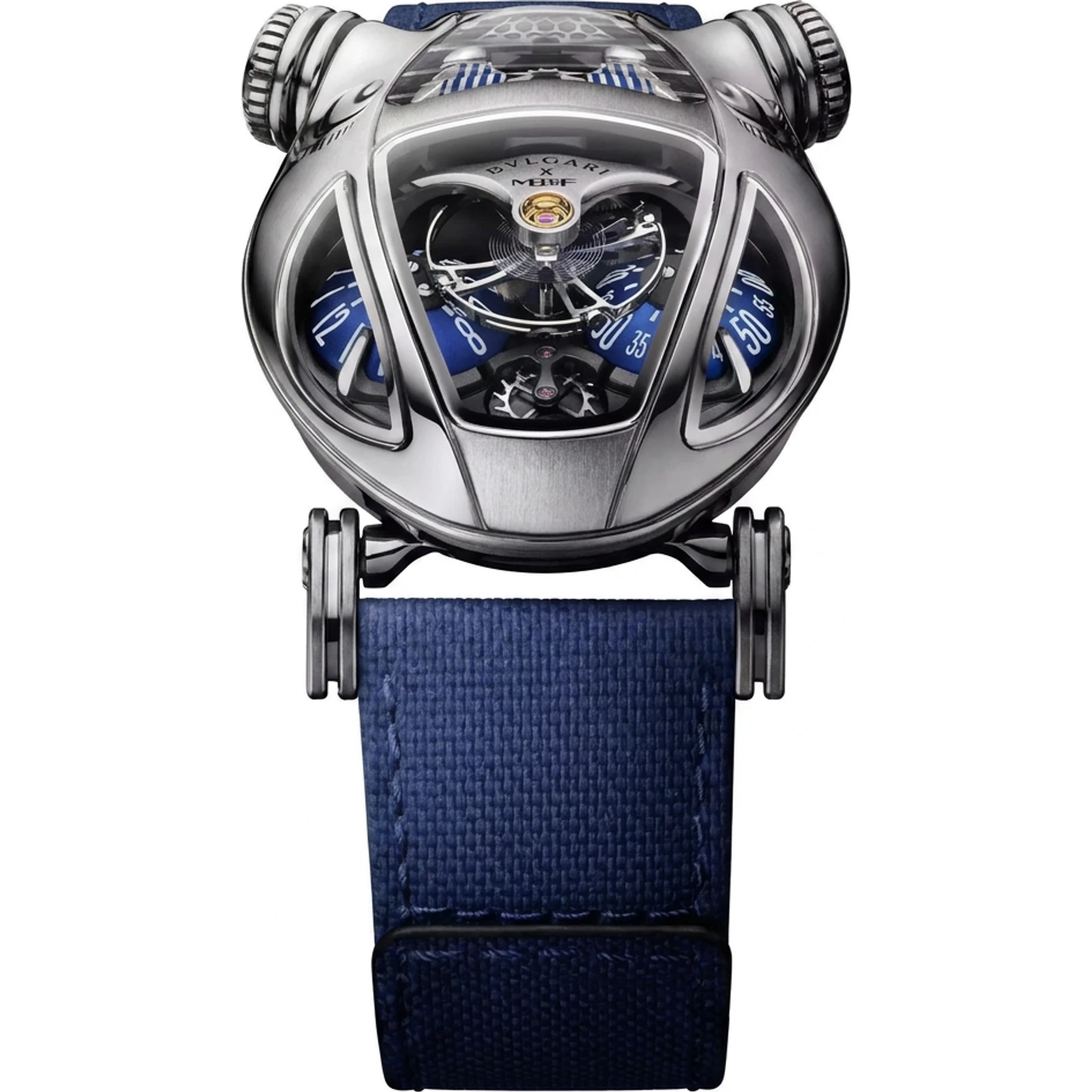 Bvlgari x MB&F Serpenti, Titanium with blue hour/minute domes 104047