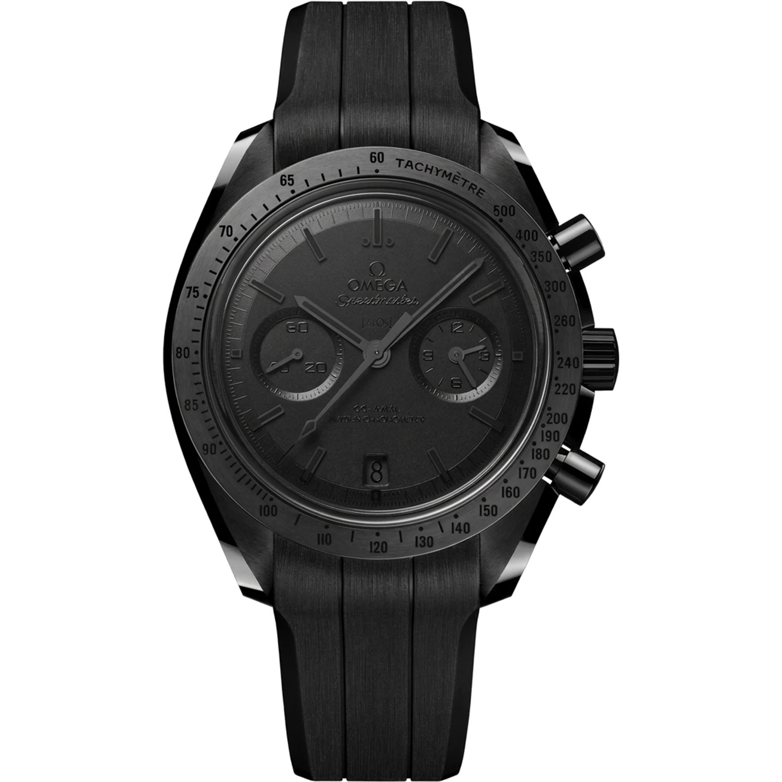 Omega Speedmaster Dark Side of the Moon (2025 generation), sandblasted all-black ceramic, rubber strap 310.92.44.51.01.005