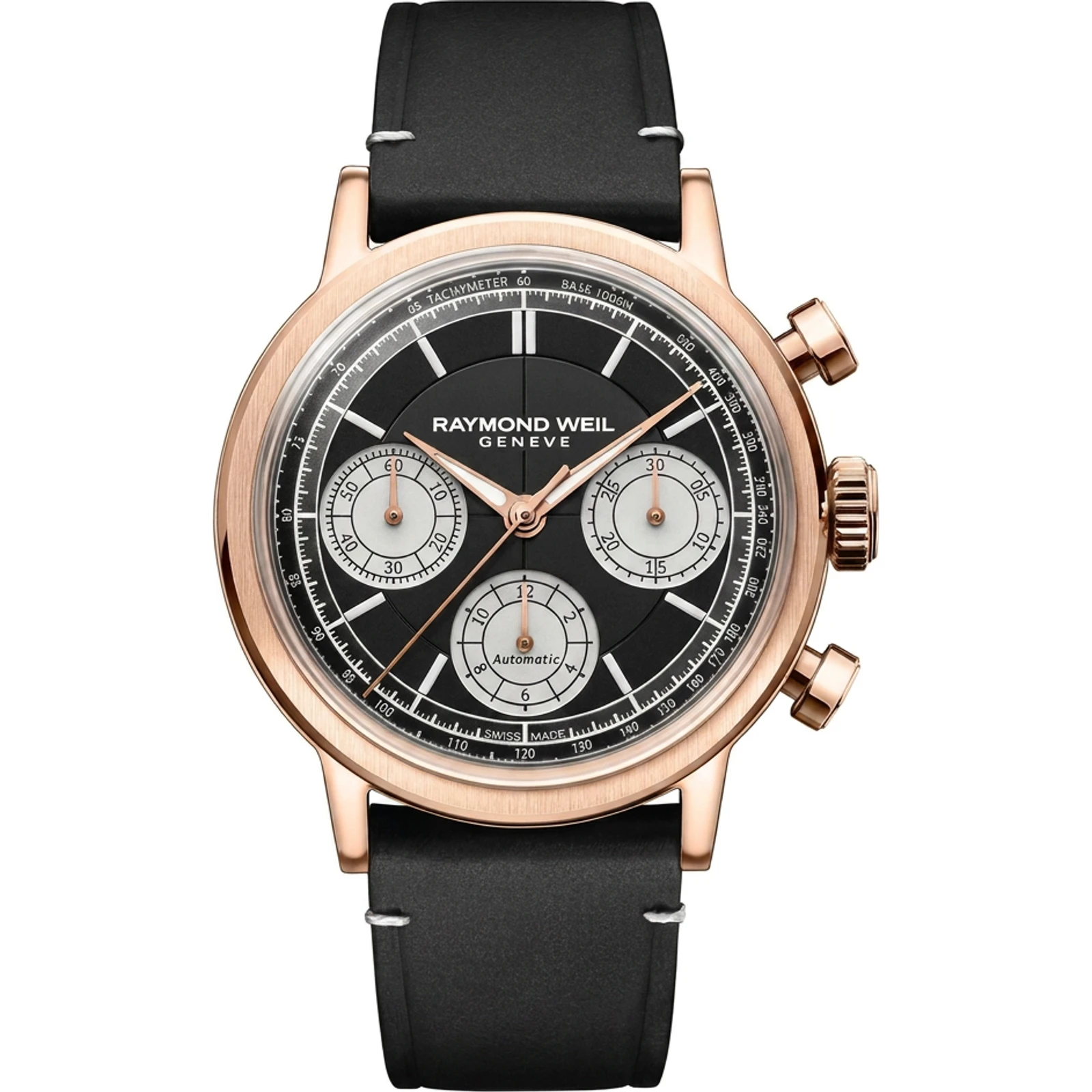 Raymond Weil Millesime Tri-Compax Chronograph, Black Sector reverse-panda dial, rose gold PVD, leather strap 7765-PC5-20631