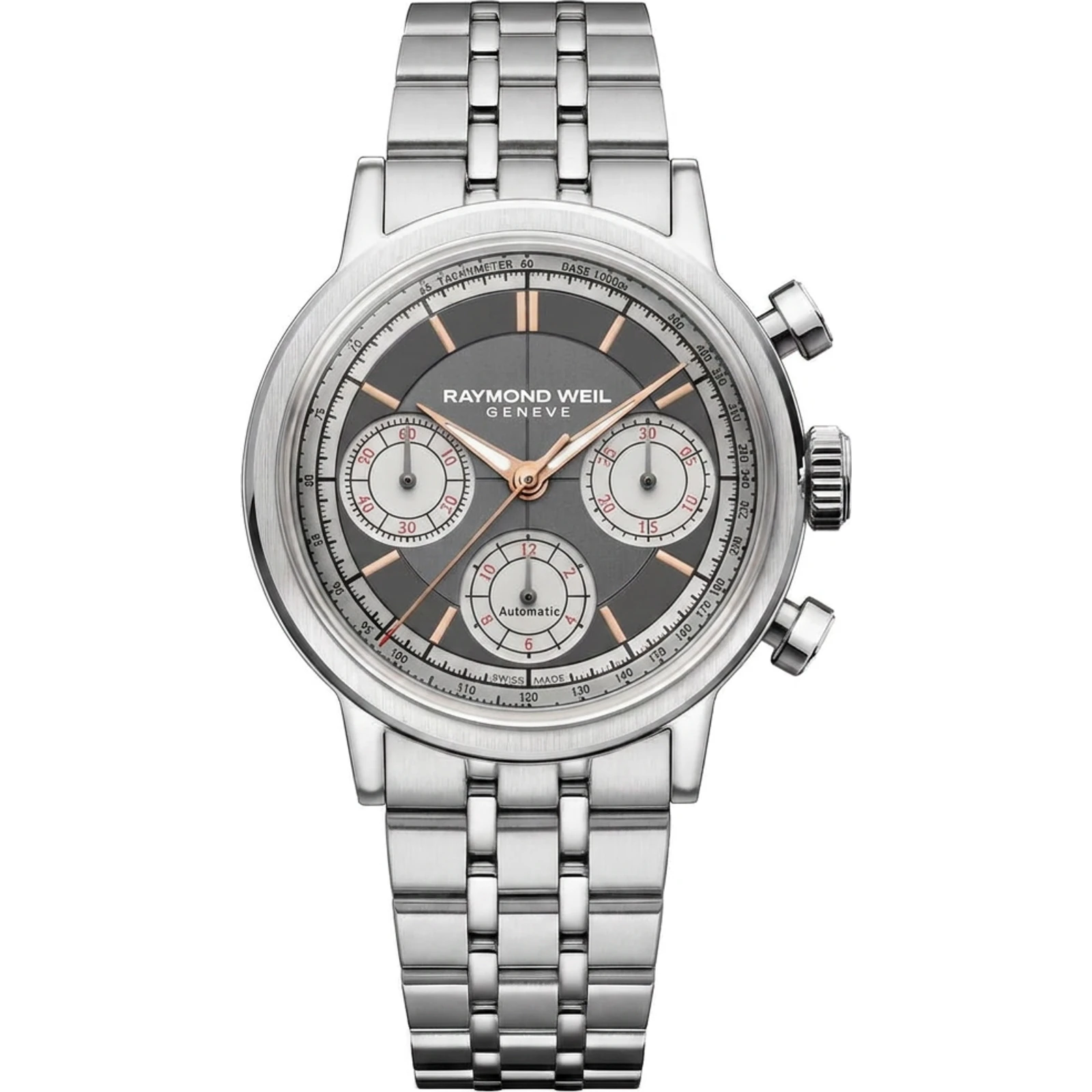Raymond Weil Millesime Tri-Compax Chronograph, Anthracite reverse-panda dial, stainless steel bracelet 7765-ST-60651