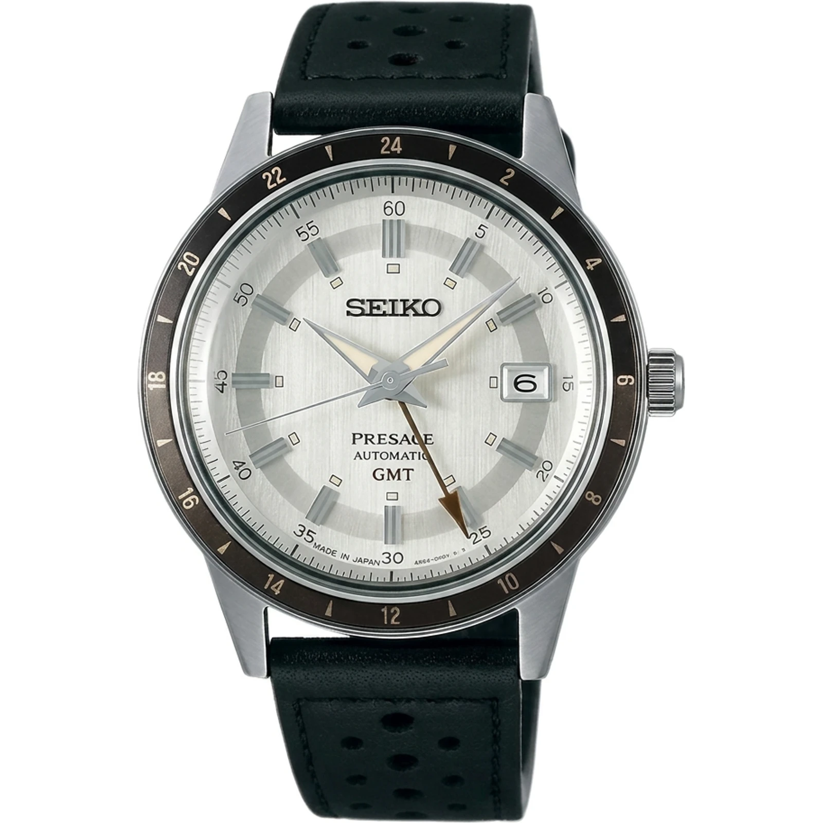 Seiko Presage Style 60's GMT (sand grey dial, perforated leather strap, cal. 4R34) SSK011