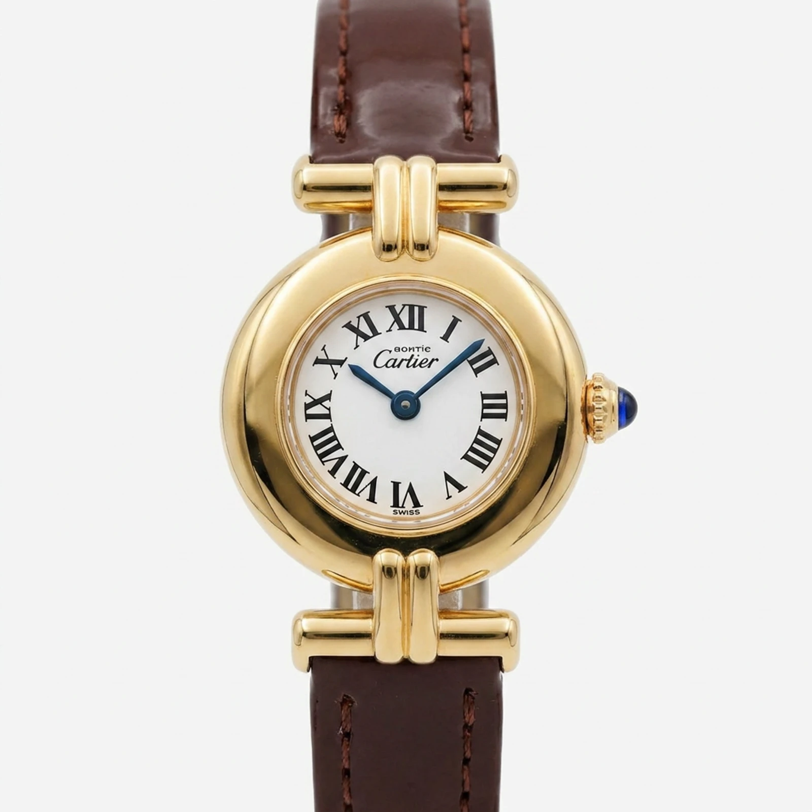 Cartier Must De Colisee Y/Gold Plated Black Leather Strap White Roman Dial 2410 24mm (1990's)