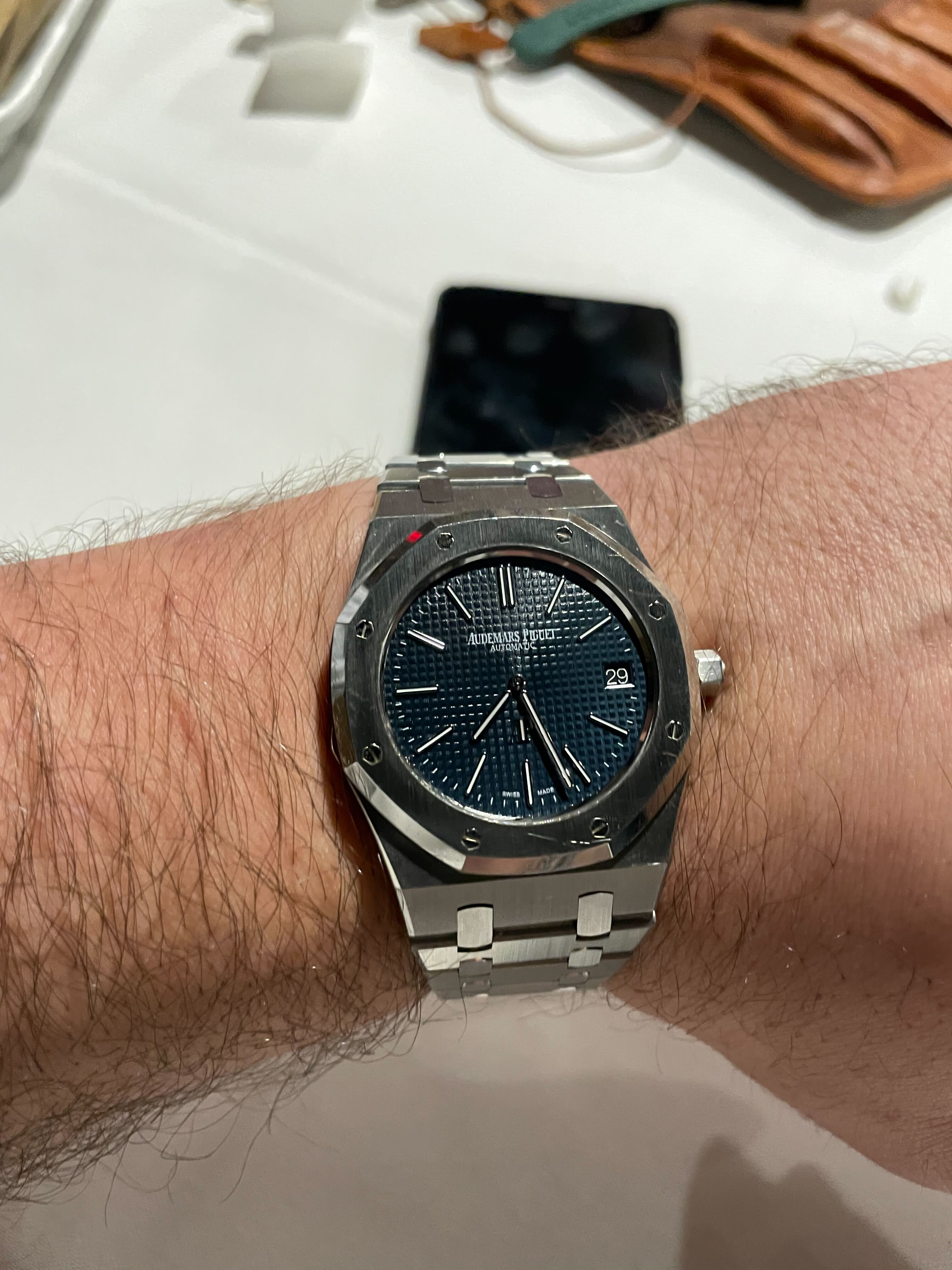 Audemars Piguet Royal Oak 15202 on wrist with blue tapisserie dial