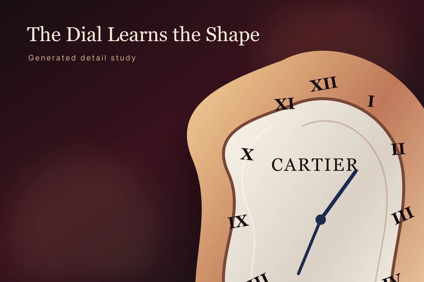 Generated editorial close-up of a distorted silver Cartier Crash-style Roman dial