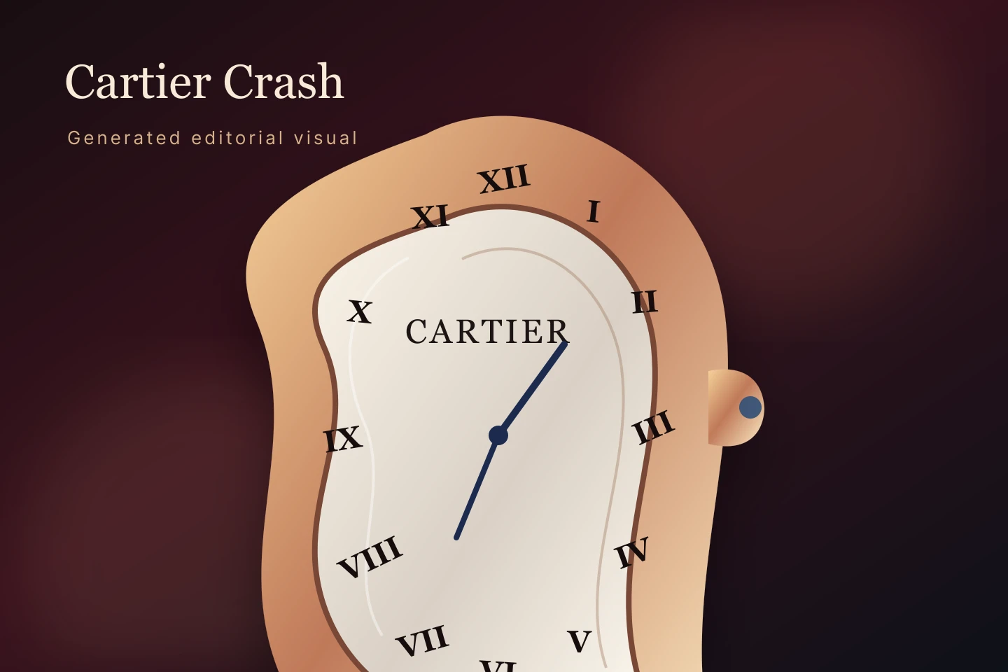 Generated editorial illustration of an asymmetrical rose-gold Cartier Crash-style watch form