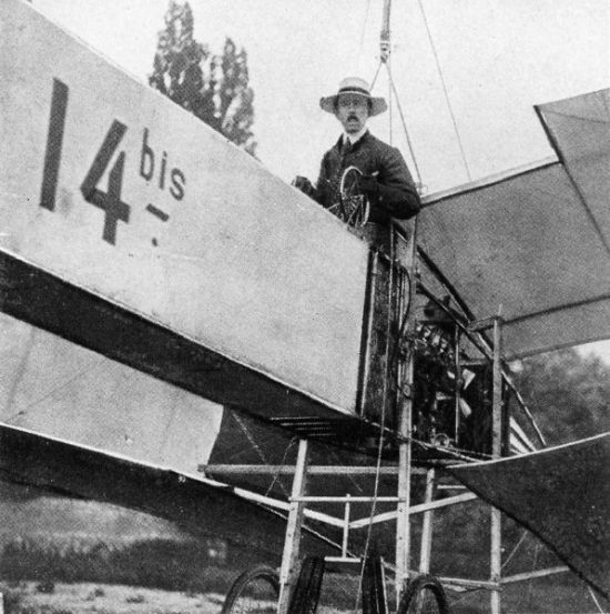 Brazilian aviation pioneer Alberto Santos-Dumont in his "14bis" airplane
