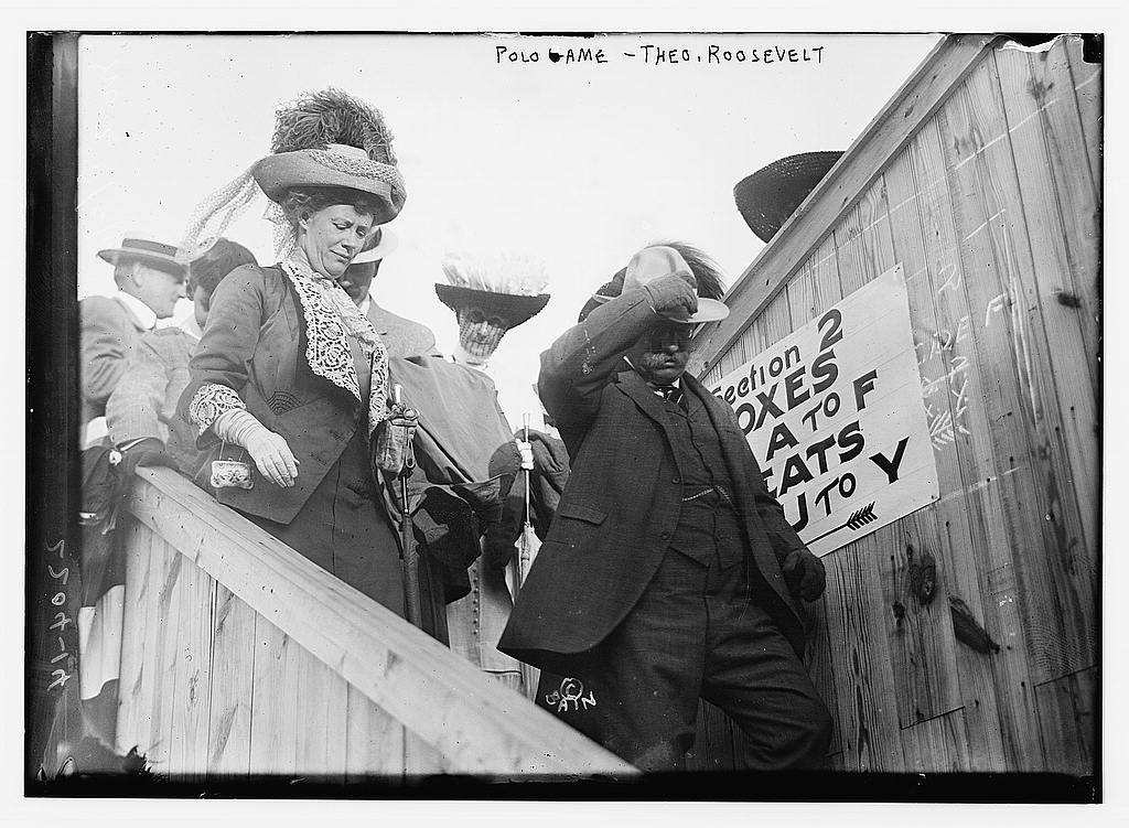 Bain News Service,, publisher. Polo Game, T. Roosevelt [between ca. 1910 and ca. 1915] 1 negative : glass ; 5 x 7 in. or smaller. Notes: Title from unverified data provided by the Bain News Service on the negatives or caption cards. Forms part of: George Grantham Bain Collection (Library of Congress). Format: Glass negatives. Rights Info: No known restrictions on publication. Repository: Library of Congress, Prints and Photographs Division, Washington, D.C. 20540 USA, http://hdl.loc.gov/loc.pnp/pp.print General information about the Bain Collection is available at http://hdl.loc.gov/loc.pnp/pp.ggbain Higher resolution image is available (Persistent URL): http://hdl.loc.gov/loc.pnp/ggbain.09267 Call Number: LC-B2- 2204-14