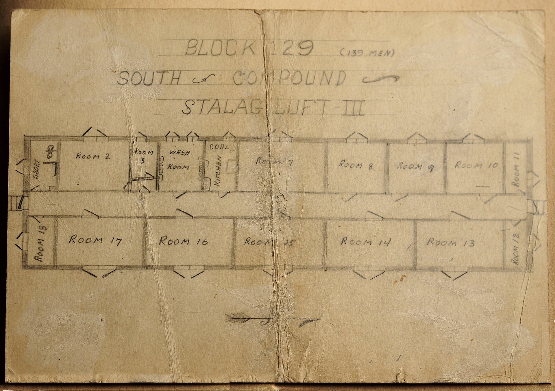 A pencil floor plan of Block 129, South Compound, Stalag Luft III, drawn by a prisoner of war