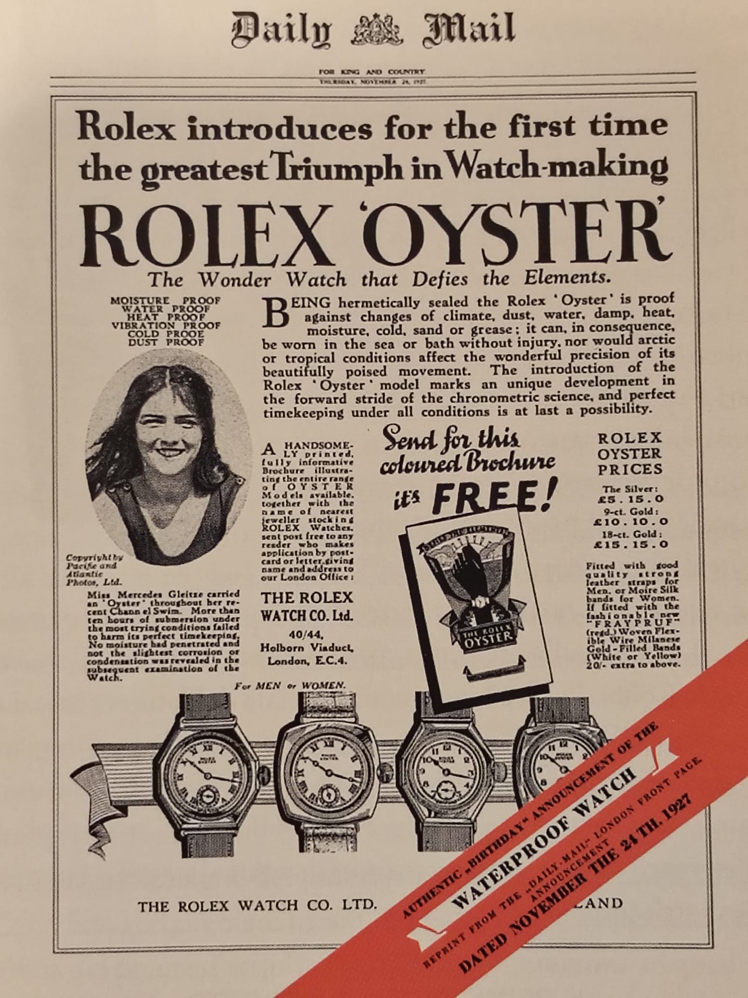 A reprint of the Rolex Oyster full-page advertisement from the Daily Mail of 24 November 1927, with a portrait of Mercedes Gleitze