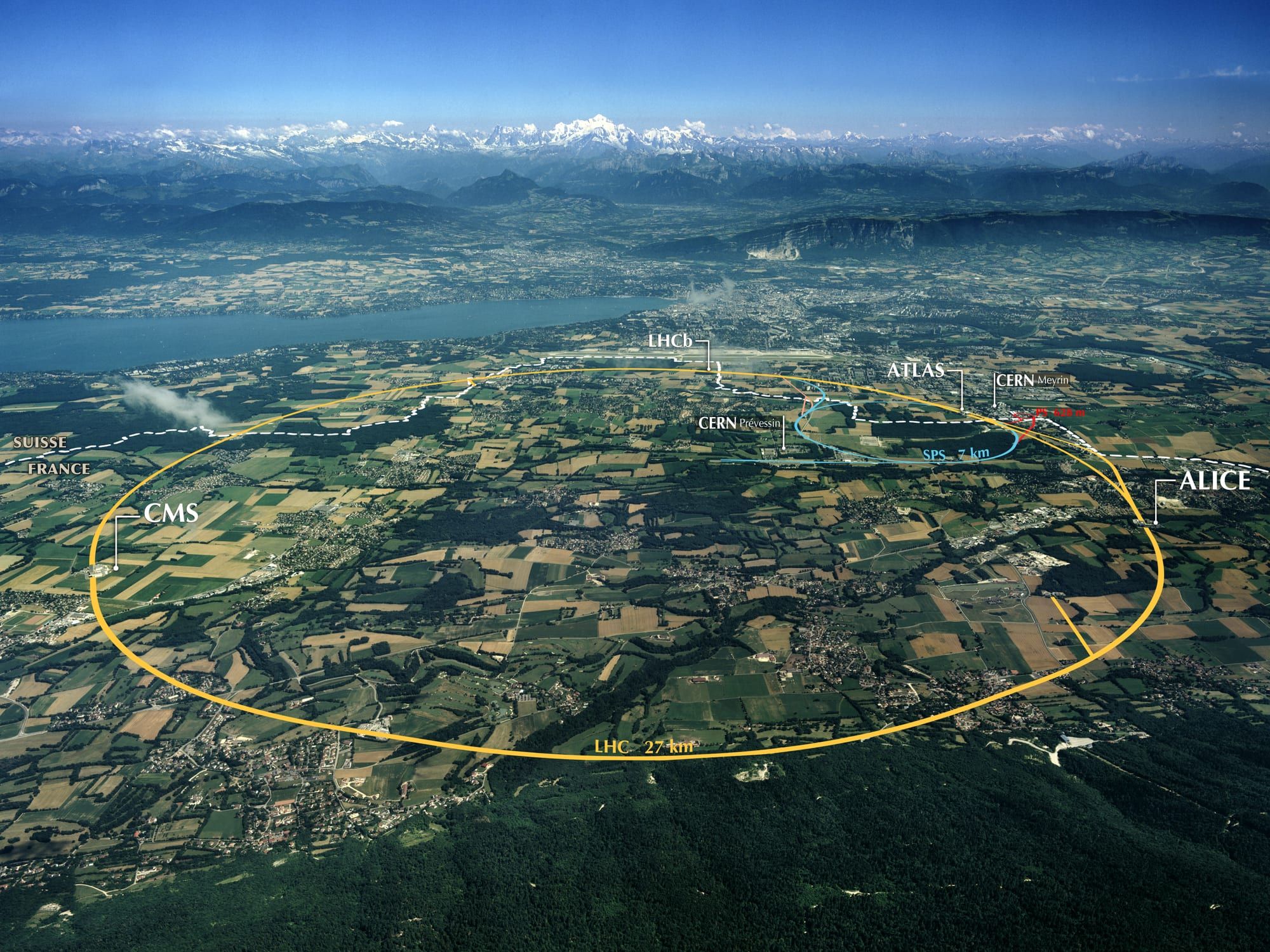 Aerial view of CERN and the Large Hadron Collider ring