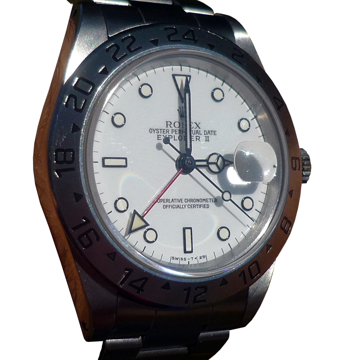 A Rolex Explorer II 16570 with a white Polar dial and a fixed 24-hour steel bezel
