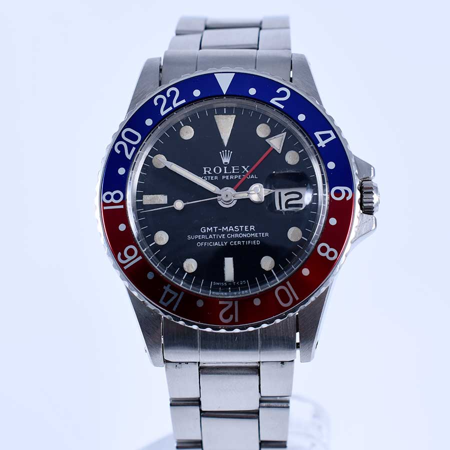 A vintage Rolex GMT-Master 1675 with the red-and-blue Pepsi bezel on a steel Oyster bracelet