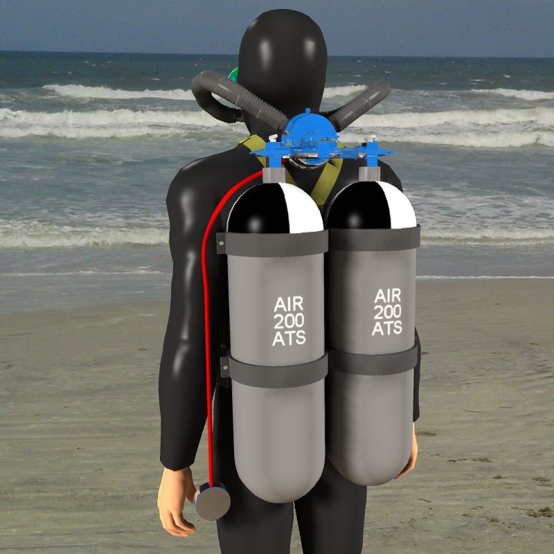 Old-type "twin-hose" aqualung I made the image with CGI. Anthony Appleyard ( talk ) Note that the diver in this graphic is standing leaning somewhat forwards. The straight-up position is seen often in films of divers played by actors, who invariably wear mockup non-metal tanks in somewhat the same manner as actors always carry empty suitcases and wear empty camping backpacks. Real divers with real metal tanks weighing 20 kg or more each on their backs, always walk with a characteristically bent-over position.
