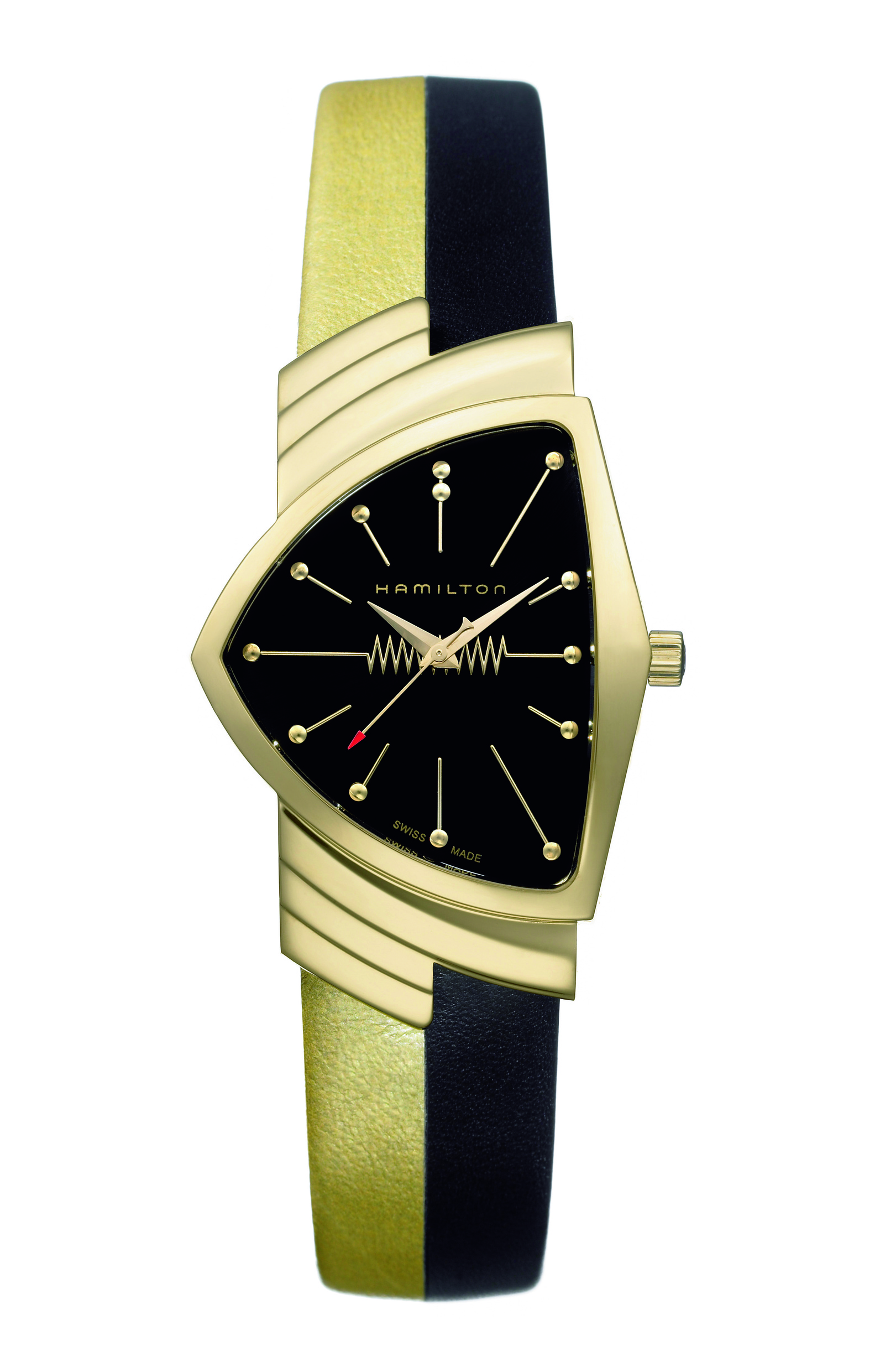 A gold Hamilton Ventura with a black shield-shaped dial on a two-tone gold and black strap
